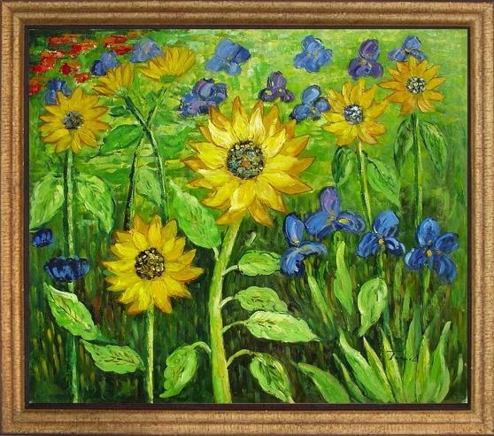 Sunflowers & Irises Framed Oil Painting: Hand made oil painting on canvas Framed and ready to Hang, Size:24" x 28" ,Signed