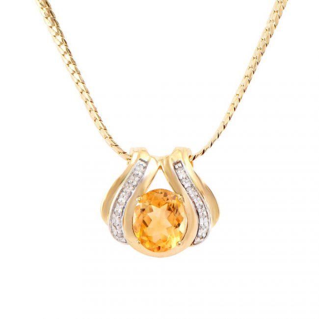 4.05 ct Citrine & Diamond 18KG Designer Necklace $1,170: One Plated 18KT Yellow Gold 4.05ct Citrine and Diamond Pendant with Chain. (1) Citrine stone measuring 12x10mm with a total weight of 4.05cts. (16) Diamonds measuring 1.1mm with a color of I-J and cla