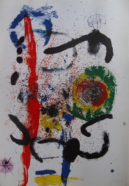Joan Miro Derrière Miroir: This is a Joan Miro lithograph titled "F". This piece is signed in the plate which means it bears a copy of Miro's pencil signature on it. Measures 14" x 9-3/4". This lithograph was originally printed