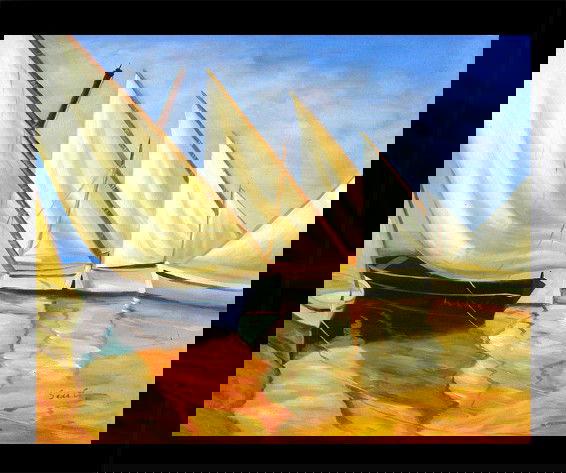 Framed Oil Painting, Fleet of Sails: Hand made oil painting on canvas Framed and ready to Hang, Size:24" x 28" ,Signed