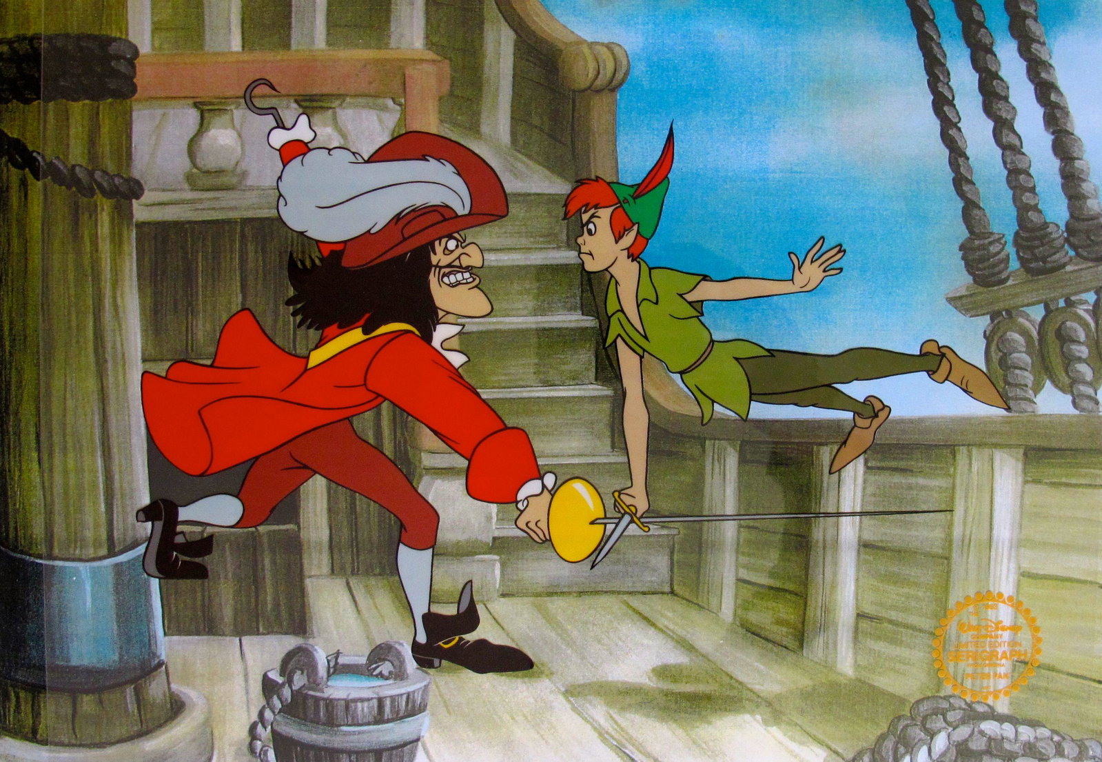 DISNEY PETER PAN & CAPTAIN HOOK Limited Edition Sericel: This is a GENUINE Limited Edition Serigraph Cel of Peter Pan & Captain Hook.From 1953 Walt Disney Studios – PETER PAN. Disney’s own artists have selected this scene from the ORIGINAL animation dra