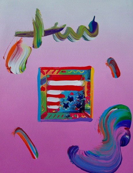 Peter Max FLAG WITH HEART Hand Signed Original Mixe: This is a framed Peter Max hand signed mixed media titled "FLAG WITH HEART". This piece is stamped on the back with a 2009 Peter Max copyright with a serial number of the piece. Measures 11.25" x 8.5"