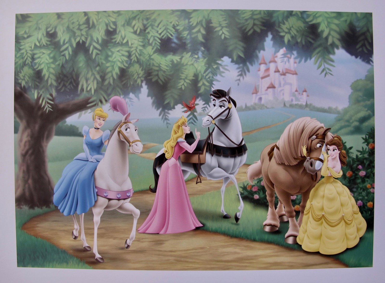 DISNEY PRINCESS CINDERELLA AURORA & BELLE Lithograph: This is an offset lithograph titled “Cinderella, Belle and Aurora” from classic Disney filmsPaper measures: 14? x 11?. Image measures 9? x 6.5?.Comes unframed. In excellent condition. Beautiful ri