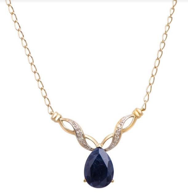 6.10 Cts Sapphire & Diamond 18KGP Designer Necklace: 1 pieces of Pear Shape GENUINE 14x10mm Black Sapphire quality AAA no treatment.6 pieces of GENUINE 1.1mm faceted round diamond 0.05 carat Tw.5.55 grams of brass layered with 18K yellow gold.The neckla