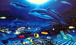 Robert Wyland IN THE COMPANY OF DOLPHINS: This is a limited edition original hand signed seriograph by Wyland titled "IN THE COMPANY OF DOLPHINS". Hand Signed and Numbered by the artist. Numbered from a edition size of 500. Medium is Serigrap