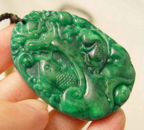 275 CT Green Jade Dragon Twin Fish Amulet Pendant: The Royal Cameo Carving Jade Charm was carved from a piece of fine grained Jade gemstone more than 200 years ago. The design is unique and very lovely and the carving is delicately performed. Size: 27