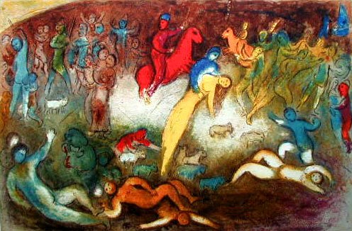 Marc Chagall CHLOE IS CARRIED OFF Limited Ed. Gicl: This is a MARC CHAGALL giclee lithograph print titled "CHLOE IS CARRIED OFF BY THE METHMNAENS". This is facsimile signed on the lower right and is pencil numbered on the lower left from an edition of 