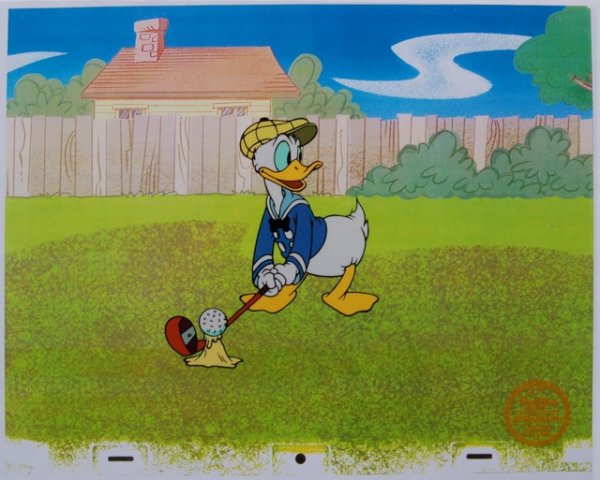 Disney DONALD DUCK Playing Golf Original Serigraph: This is a GENUINE Original Limited Edition Serigraph Cel of DONALD DUCK . From Walt Disney Studios. Disney’s own artists have selected this scene from the ORIGINAL animation drawings used to produce