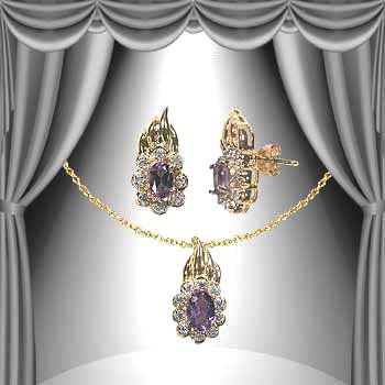 1 CT Amethyst Diamond Set: Master jewelers designed your set with... 1 piece of GENUINE 7X5mm faceted oval Amethyst. 2 pieces of GENUINE 6X4mm faceted oval Amethyst. 26 pieces of GENUINE single cut diamonds .17 carat tw. 3 gram