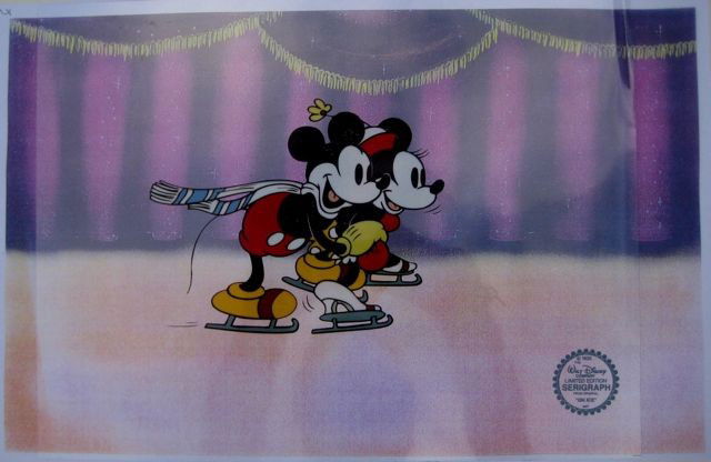 Disney Mickey and Minnie ON ICE Original Serigraph: This is a GENUINE Original Limited Edition Serigraph Cel of Mickey and Minnie ON ICE. From Walt Disney Studios. Disney's own artists have selected this scene from the ORIGINAL animation drawings used