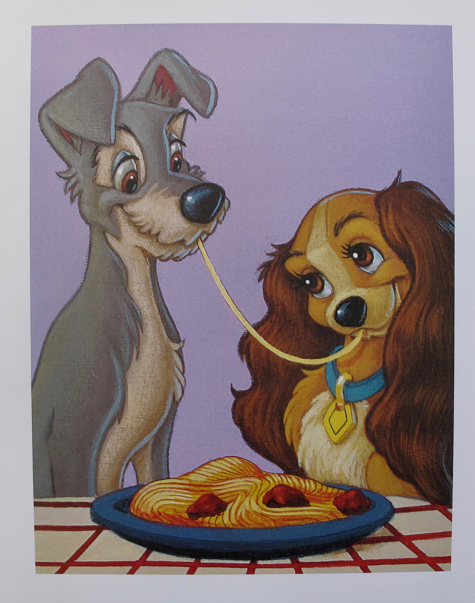 DISNEY LADY AND THE TRAMP Lithograph: This is an offset lithograph titled “Spaghetti” from Disney’s classic film “Lady and the Tramp”.Paper measures: 14? x 11?. Image measures 9? x 6.5?.Comes unframed. In excellent condition. Be