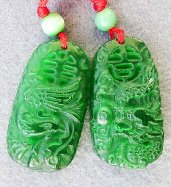 Jade Cat Eye Lucky Dragon Phoenix Pair Amulet Pend: The Chinese love jade because of not only its beauty, but also more importantly its culture, meaning and humanity, as Confucius (551 BC - 479 BC) said there are 11 De (virtue) in jade. The following i