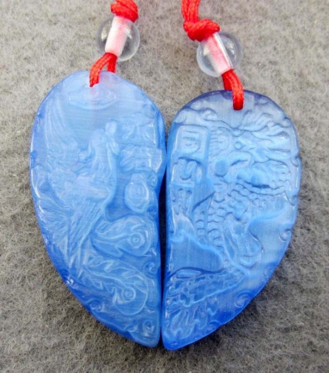 Blue Cat Eye Dragon Phoenix Forever Love Pair Pend: The Chinese love jade because of not only its beauty, but also more importantly its culture, meaning and humanity, as Confucius (551 BC - 479 BC) said there are 11 De (virtue) in jade. The following i