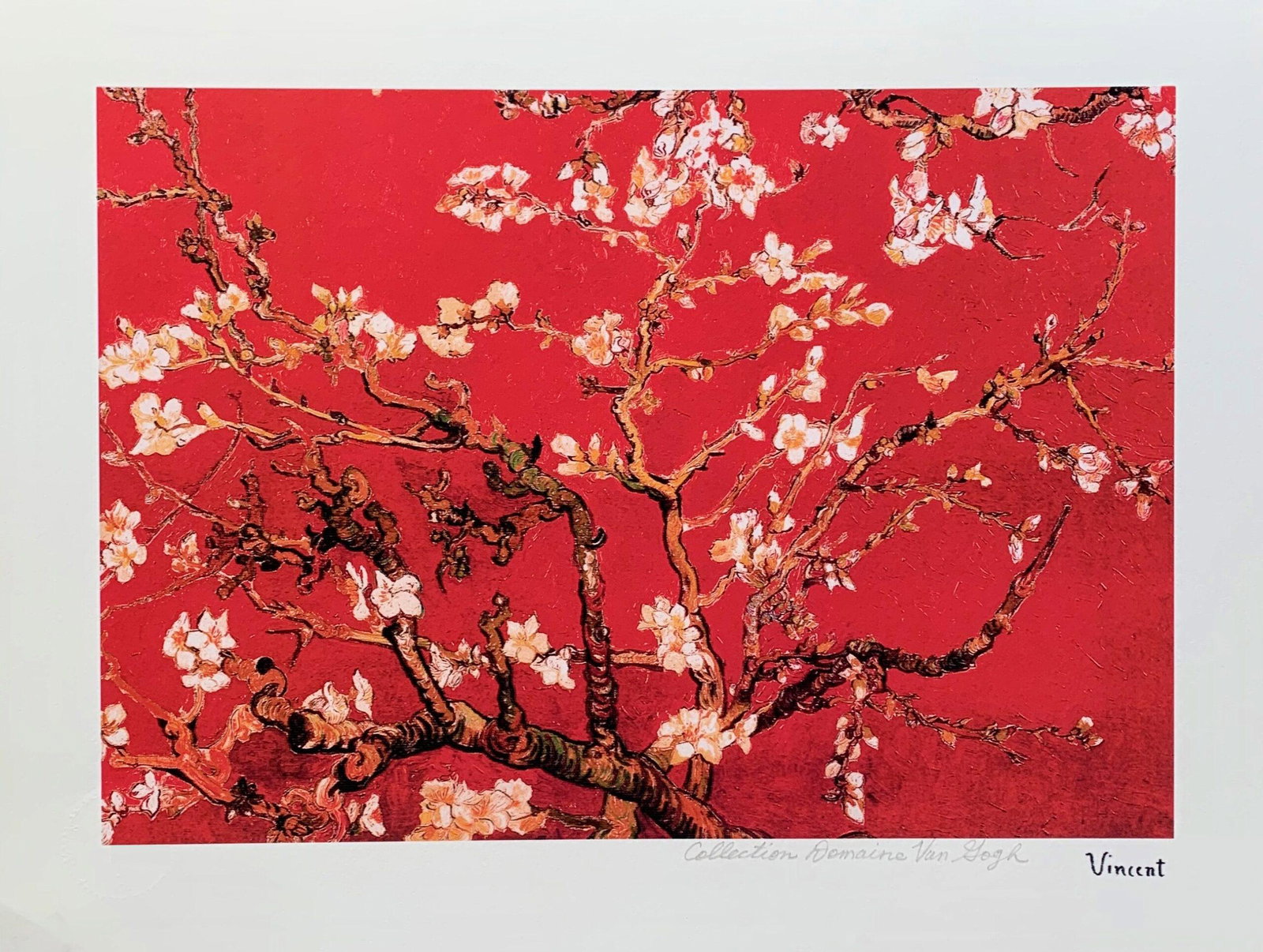Vincent Van Gogh RED ALMOND BLOSSOMS Estate Signed Limited Edition Giclee: This is a VINCENT VAN GOGH (ESTATE COLLECTION DOMAINE) reproduction giclee titled “ALMOND BLOSSOMS – RED”.This piece is pencil signed on the lower right as ‘Collection Domaine Van Gogh’ and 