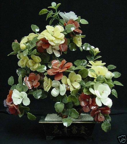 LARGE JADE BONSAI FLOWER TREE : THIS BEAUTIFUL JADE FLOWER TREE IS MADE FROM THREE COLOR JADE, THERE ARE YELLOW, RED, AND WHITE COLOR. ITS LEAF IS MADE OF TAIWAN JADE. IT IS AN IDEAL DECORATION FOR YOUR LIVING ROOM, DINNING ROOM, OF