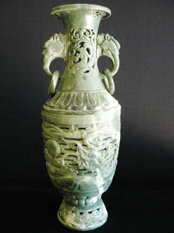 NATURAL JADE DRAGON PHOENIX VASE : This beautiful vase is made from NATURAL Southern Jade. Phoenix and Dragon are carved on the surface. The colors are all natural and the entire sculpture is hand carved. The vase is hollow inside. Ver