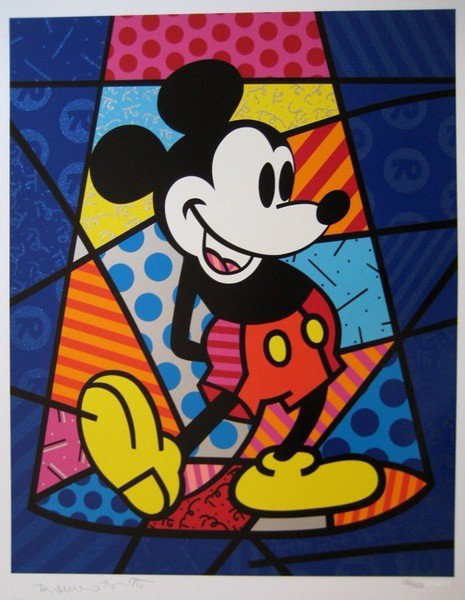 Romero Britto MICKEY MOUSE Hand Signed Limited Ed.: This is an original hand signed mixed media print titled "Mickey Mouse" by famed Brazilian artist Romero Britto. Image measures: 22-3/4" x 18".