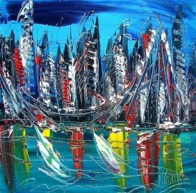 Original Painting by Mark Kazav "Blue City": This is an original painting by Mark Kazav titled "Blue City" Size: 16 x 20 inches About the Artist: Mark Kazav Was born 1960 in former Soviet Union. Live and work in Canada. He produces works with bo