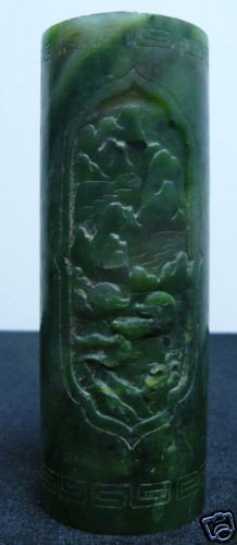 ROYAL JADE PEN HOLDER WITH BIRDS: This is a Pens holder, made from one solid piece of green Jade. Light green with some spots dark green. High transparent. There are 2 birds carved on the front. Very detailed carving. It comes with an