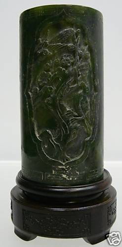 ROYAL JADE PEN HOLDER WITH BIRDS: This is a Pens holder, made from one solid piece of green Jade. Light green with some spots dark green. High transparent. There are 2 birds carved on the front. Very detailed carving. It comes with an