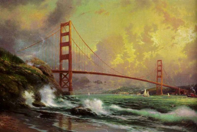 Thomas Kinkade Golden Gate Bridge, San Francisco: Signed by the Artist Paper Lithograph Limited Edition Includes Official Thomas Kinkade Certificate of Authenticity •24x36