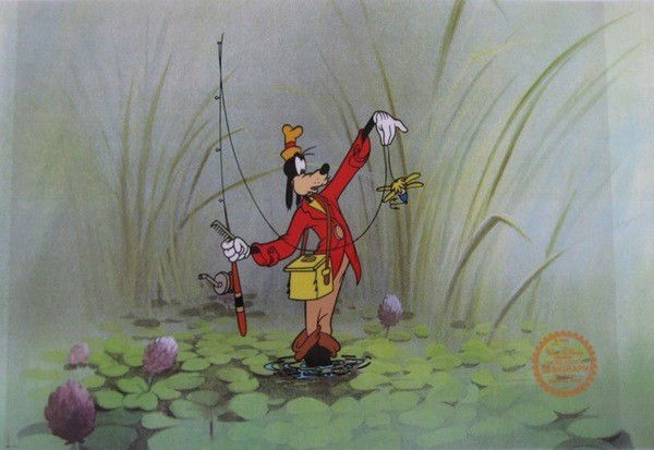 Disney GOOFY HOW TO FISH Original Serigraph Cel: This is a GENUINE Original Limited Edition Serigraph Cel of GOOFY as a Fisherman. From Walt Disney Studios. Disney's own artists have selected this scene from the ORIGINAL animation drawings used to p