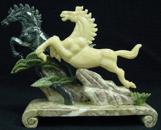 Rare Multi-Color Jade Carving 2 Horses Mountain: This jade 2 horses mountain is made from multiple jades, the green Taiwan Jade and Yellow jade. The colors are all natural. Very detailed carving. Size: L: 10", W: 3", H: 10"