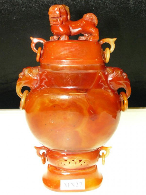 Hand Carved Natural Agate Lion Head Incense Burner: This Incense Burner is made of NATURAL AGATE, the color is NOT dyed. All rings are movable. The entire works is transparent and hand carved. The top cover can be taken away. It comes with a rosewood b