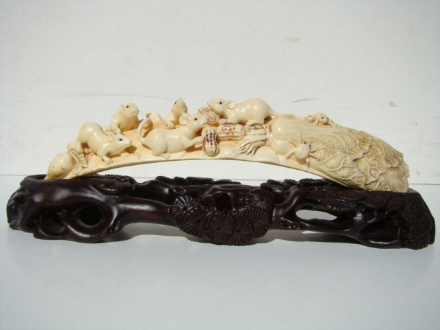 Rare Hand Carved Mammoth Ivory 5 Rats: This Intricate carving is all hand carved from natural Mammoth Ivory. This is a depiction of 5 naked women. It is rare and unique. This carving is handcrafted from the tusk of a Wooly Mammoth, an exti