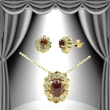 Genuine 2 ct. Cabochon Ruby Diamond Set: set in fine 925 sterling silver and layered with 18K Gold. The length is 18 inches or 457mm and the width is 1/4inches or 6mm.