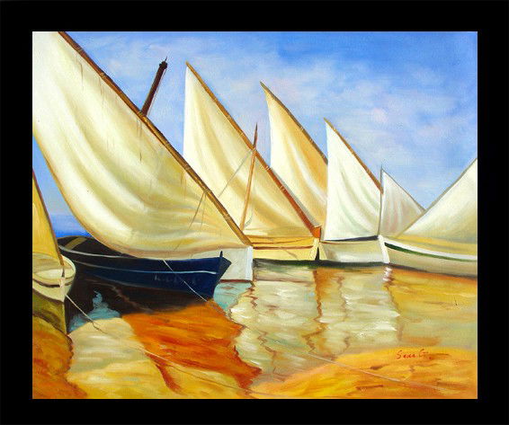 Large Framed Oil Painting, Fleet of Sails: Allow this beautiful story to continue on the wall of your wonderful home. With graceful strokes of oil on canvas and a color palette of warmth you can bet this will be a painting all of your friends