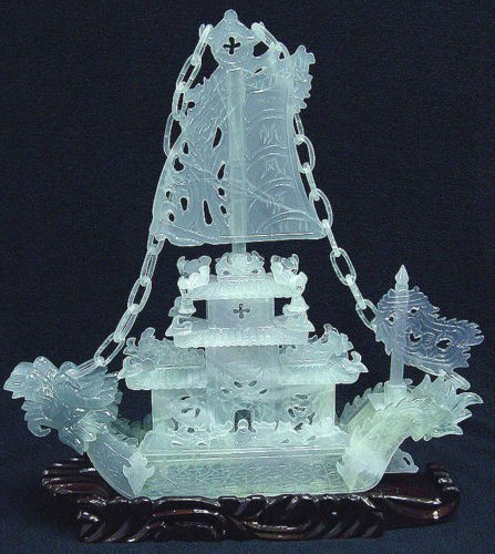 EXQUISITE 16" LAVENDER JADE DRAGON BOAT: THIS JADE DRAGON BOAT IS MADE OF SOUTHERN JADE IN CHINA. WE ADOPTED THE BEST QUALITY OF JADE TO CARVE THIS BOAT. THE SAILS, CONSTRUCTIONS, CHAINS WERE MADE IN ONE PIECE OF JADE, AND YOU WILL ADMIRE HO