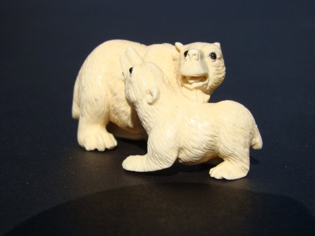 Rare Hand Carved Ivory Figurine Polar Bear and Cub: This beautiful art is all hand carved from natural Mammoth Ivory. This is a carving of a Polar Bear and her cub. It is rare and unique. Size: Wide: 2 inch, High: 1 inch. About the Mammoth Ivory: Mammo