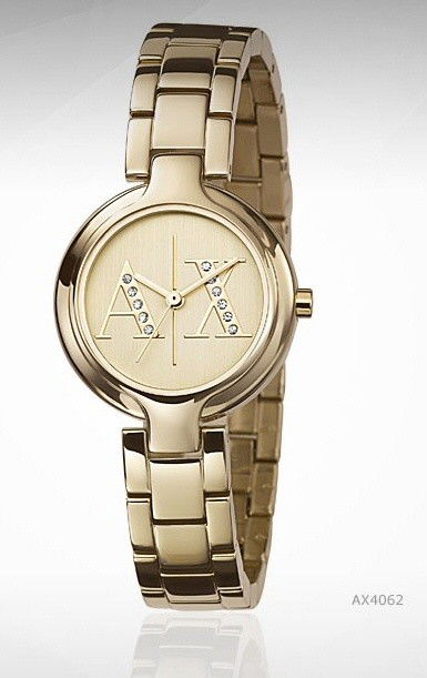 ARMANI EXCHANGE GOLD TONE LADIES WATCH: This mid-sized women's watch, model #AX4062, has a round gold dial and gold-tone case with a diameter of 28mm. It features an attractive jewelry-clasp; gold gold-tone-stainless-steel bracelet with a l