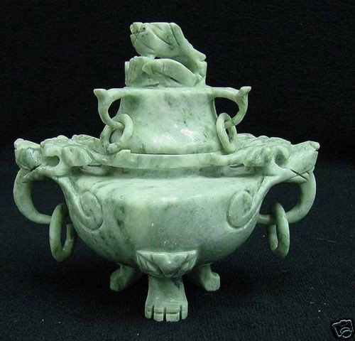 DEEP CARVED JADE INCENSE BURNER: This Incense Burner is made from Southern Jade. Dark green with some spots light green. The bottom and the cover is seperate. Very detailed carving. Size: Long: 7". Wide: 7". High: 6".