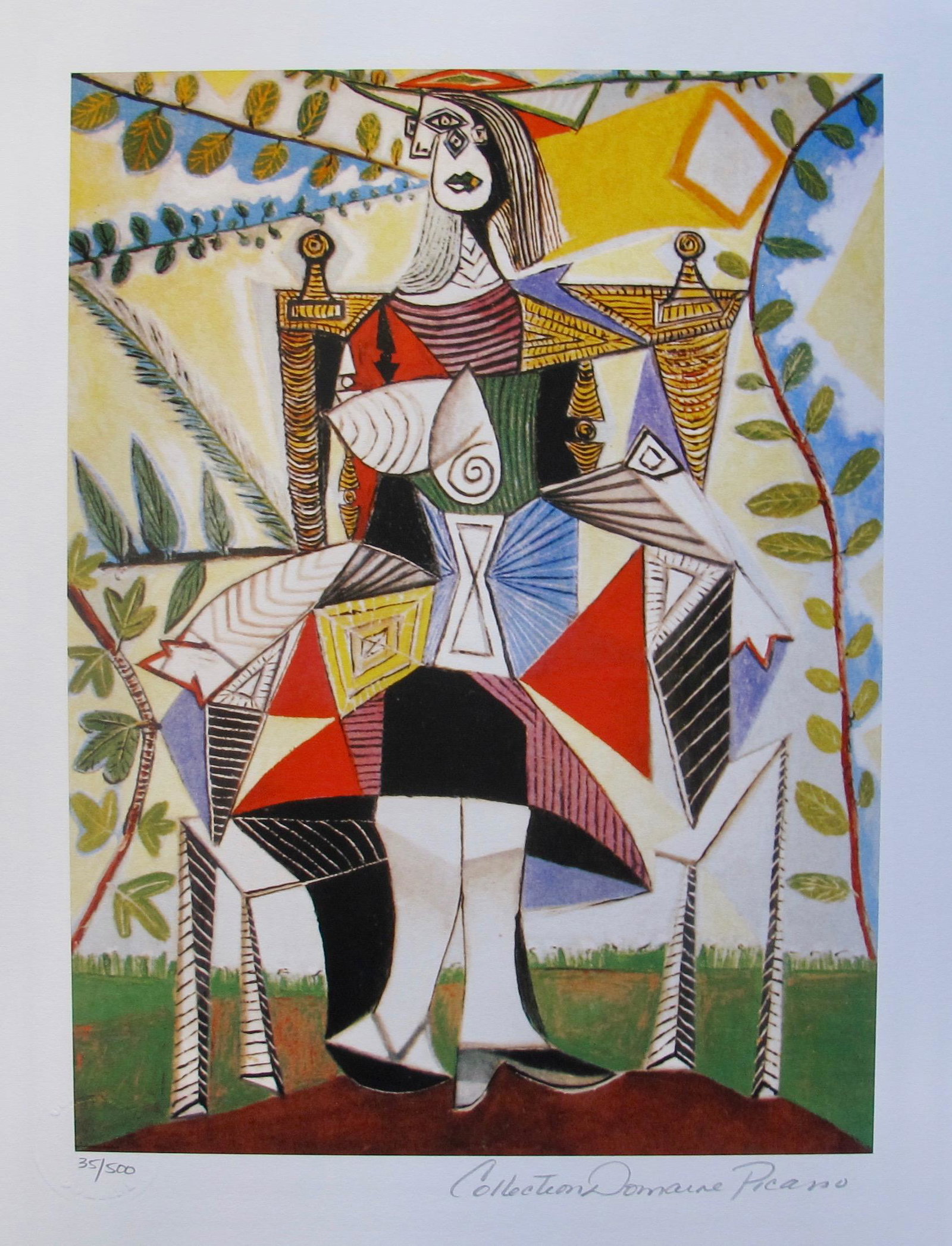 Pablo Picasso GIRL IN COLORFUL DRESS Estate Signed Limited Edition Small Giclee: This is a PABLO PICASSO (ESTATE COLLECTION DOMAINE) (1881-1973) small giclee titled “GIRL IN COLORFUL DRESS”.This piece is pencil signed on the lower right as ‘Collection Domaine Picasso’ and 
