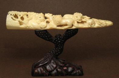 Hippo Ivoy tusk "5 ANIMAL FOREST" Carving With Wood: 100% Genuine Hippo Tusk Ivory handcrafted "Hippo Ivory Tusk 5 Animal in Forest Carving With Wood Stand", size: 6-1/8"x 1-1/8" x 1" (155mm x 29mm x 25mm).This carving is carved by our artisan. The carv