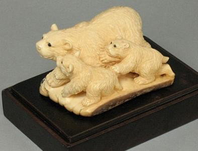 Handcrafted Mammoth Ivory Figurine Three Polar Bear: 100% Genuine Mammoth ivory handcrafted "Three Polar Bears" carving, size: 2-3/8" x 1-5/8" x 1-3/8" (60mm x 42mm x 35mm). This carving is carved from the mammoth ivory tusk with with some age cracks an