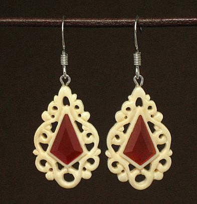 Mammoth Ivory Handcrafted Teardrop, Red Agate Earr: 100% Genuine Mammoth Tusk Ivory detailed teardrop carving earrings, size: 1" x 11/16" matching with 1 pc of diamond cut red agate in the middle and 925 sterling silver loop making this beautiful earri