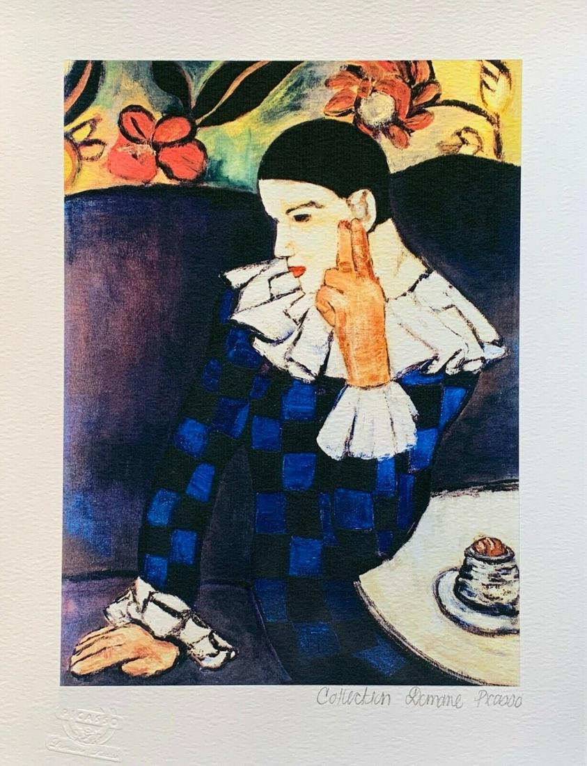 Pablo Picasso HARLEQUIN LEANING Estate Signed Small Giclee: This is a PABLO PICASSO (ESTATE COLLECTION DOMAINE) (1881-1973) giclee titled “HARLEQUIN LEANING ON HIS ELBOW”.This piece is pencil hand signed on the lower right as ‘Collection Domaine Picasso�