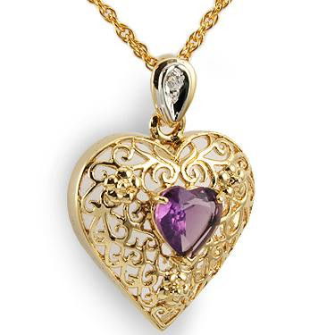 Genuine 1 CT Amethyst Diamond Heart Pendant: Master jewelers designed your necklace with 1 piece of GENUINE 7X7mm faceted heartshape amethyst. 1 piece of GENUINE single cut diamond .0065 carat tw. 1.5 grams of brass layered with 18K Gold. The le