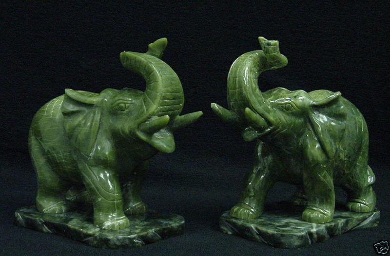 Antique Jade Lucky Elephants Pair: This pair of elephants are made of real jade. It comes with jade bases. Induvidual Size: L: 3", W: 2", H: 3".