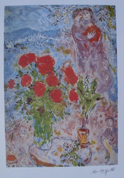 Marc Chagall RED BOUQUET WITH LOVERS Ltd Ed. Lithograph: This is a Marc Chagall lithograph titled "Red Bouquet with Lovers". This is facsimile signed and pencil numbered from a limited edition of 500. Image measures 27" x 18¾" on 34" x 23" paper. Printed o