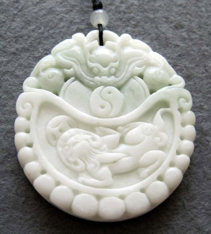 White Green Jade Pi-Xiu Dragon Coin Tai-Ji Pendant: The Royal Cameo Carving Jade Charm was carved from a piece of fine grained Jade gemstone more than 200 years ago. The design is unique and very lovely and the carving is delicately performed. Size: 37
