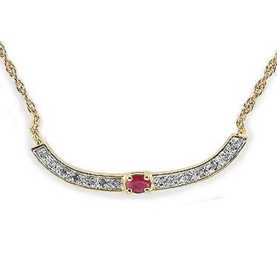 Genuine .42 CT Ruby Diamond Necklace: Master jewelers designed your necklace with 1 piece of GENUINE 4X3mm faceted oval ruby. 14 pieces of GENUINE single cut diamonds .1 carat tw. 4.1 grams of sterling silver layered with 18K Gold. The le
