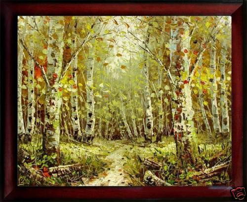 Framed Oil Painting on canvas - Forrest Path: This is a striking piece that has been hand painted and signed by the artist. Painted with soft colors that fuse together to create a peaceful and reflective piece, the realism and accuracy seen in th