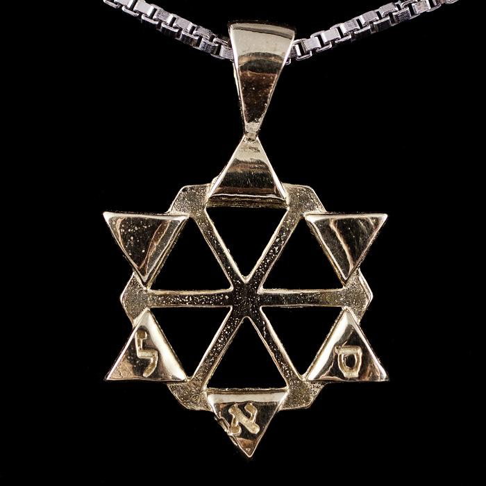 Kabbalah Jewelry Magen David Pendant - Gold: A 5 Elements Charm in a Silver David´s Shield design. Underneath are the other elements. David´s Shield or The Star of David, as it is sometimes called, is a symbol of Protection. Hand Made from Jer