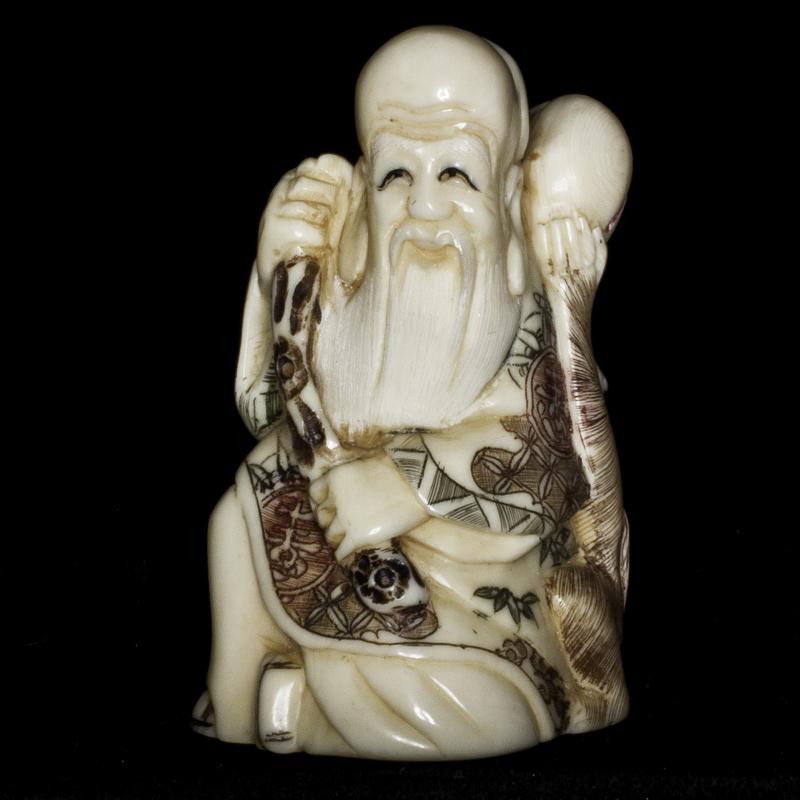 Rare Hand Carved Ivory Figurine Monkey Peach Maste: This beautiful art is all hand carved from natural Mammoth Ivory. This is an intricate carving depicting a master displaying the proverbial monkey witht he lucky peach as taken from chinese folklore. 