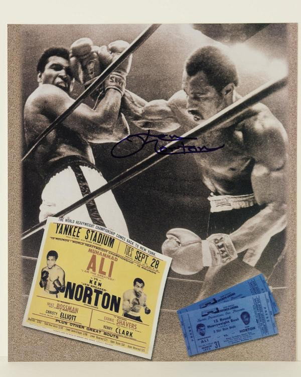 Signed Sports Photo Collage "Norton and Ali" Hand-A: NOW IS YOUR CHANCE TO OWN A PIECE OF BOXING HISTORY! A must-have photo collage commemorating the monumental boxing matches between Mohammad Ali and Ken Norton, "Ken Norton and Ali Ticket" is hand-auto