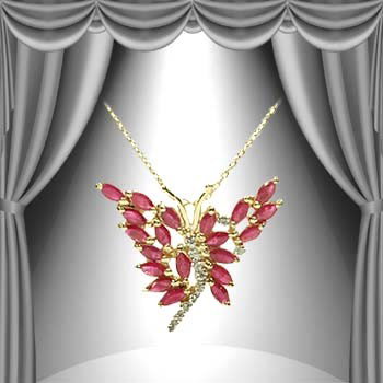 3 CT Ruby Diamond Butterfly Pendant: Master jewelers designed your pendant with 20 pieces of GENUINE 5X2.5mm faceted marquis ruby. 11 pieces of GENUINE single cut diamonds .07 carat tw. 4.3 grams of sterling silver layered with 18K Gold.